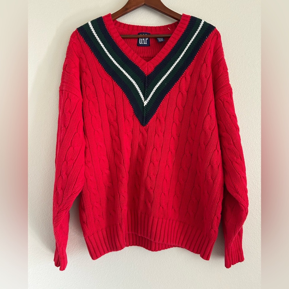 GAP Red Cable-Knit V-Neck Sweater with Green and White Trim